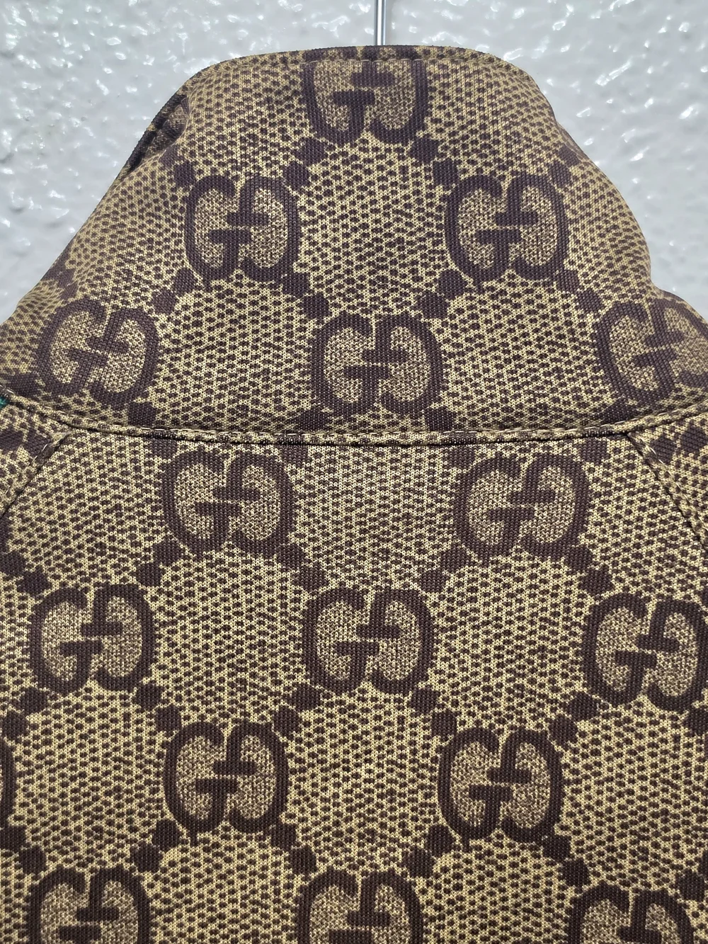 Gucci Brown Monogram Bomber Jacket with Green & Pink Chevron
